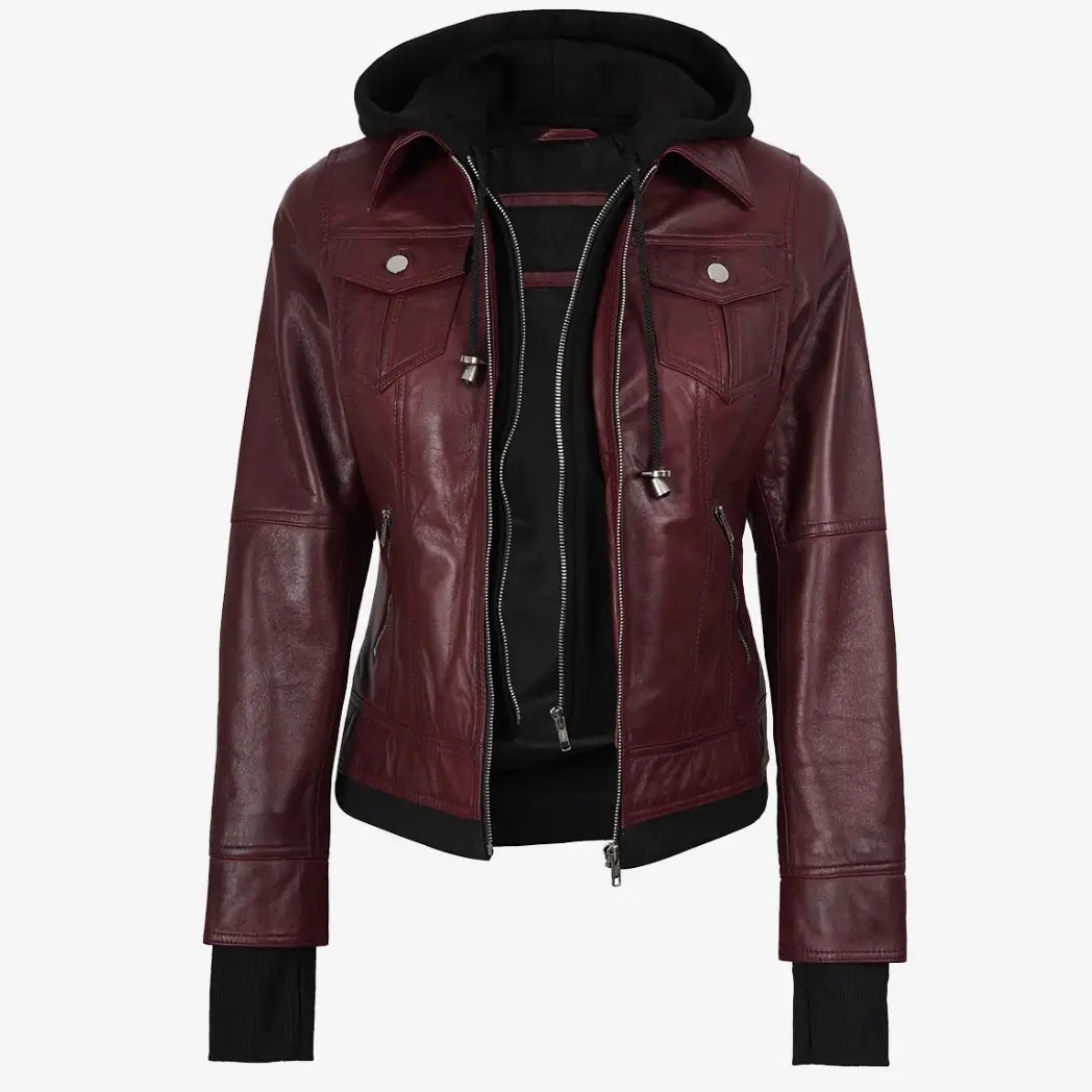 Women's Burgundy Bomber Leather Jacket With Removable Hood