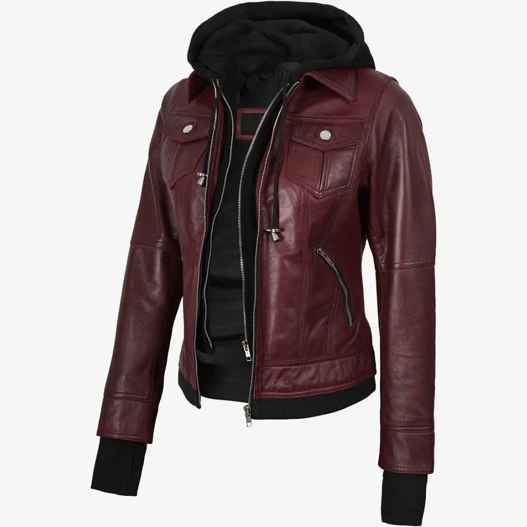 Women's Burgundy Bomber Leather Jacket With Removable Hood