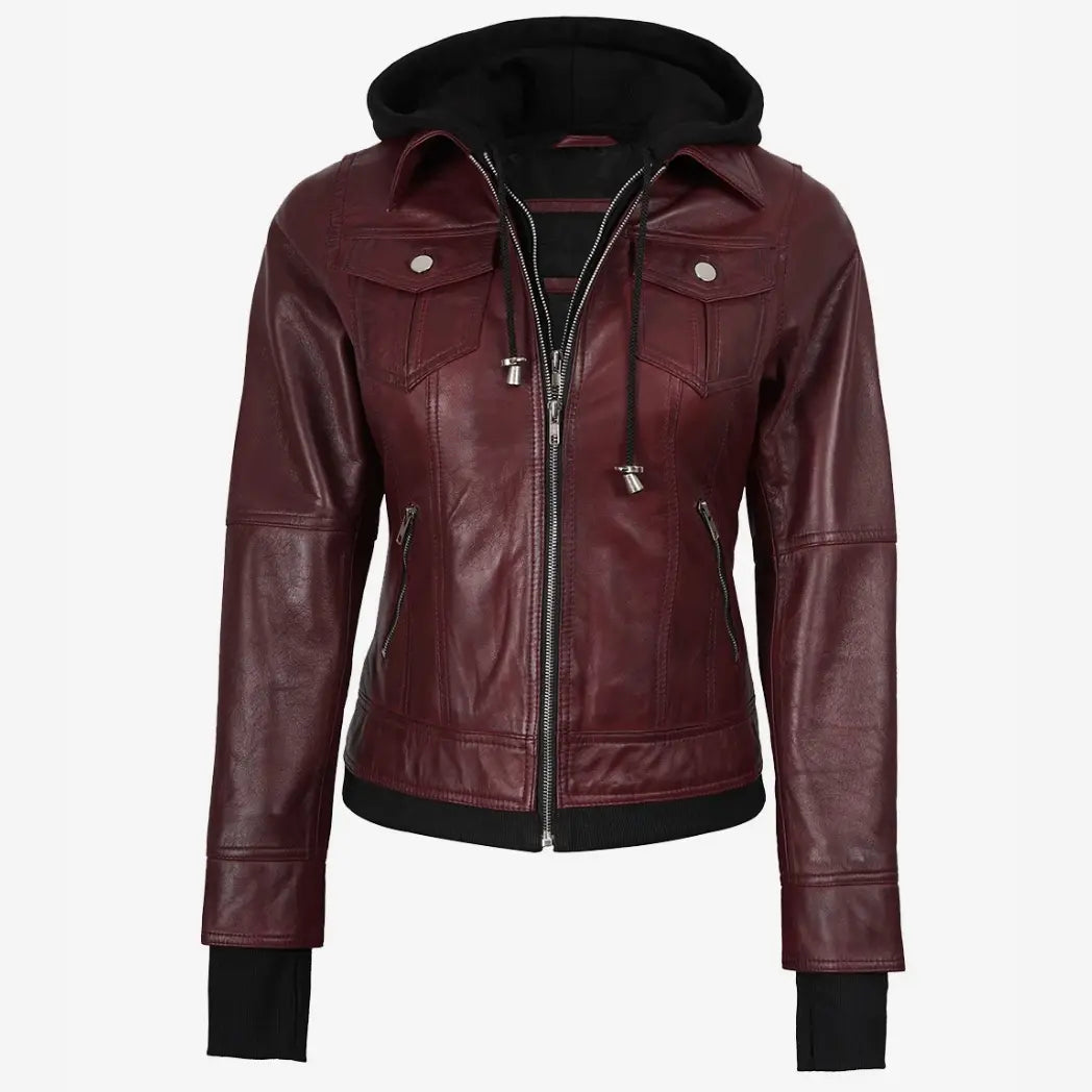 Women's Burgundy Bomber Leather Jacket With Removable Hood
