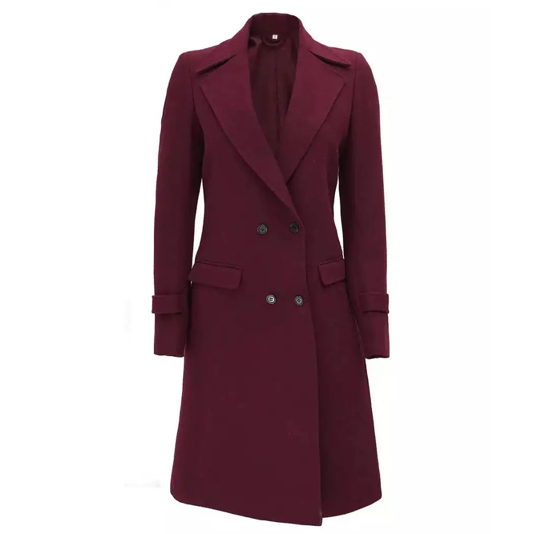 Women's  Burgundy Double Breasted Wool Coat 