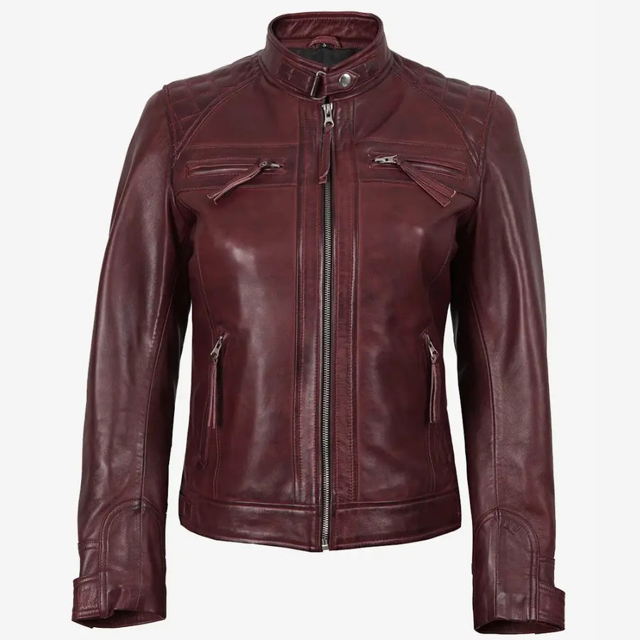 Women's Burgundy Real Lambskin Leather Biker Style Jacket