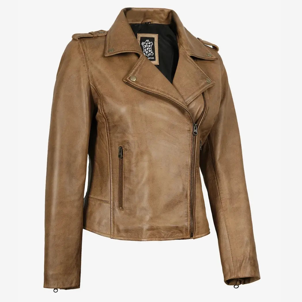 Women's Camel Brown Biker Style Lambskin Leather Jacket