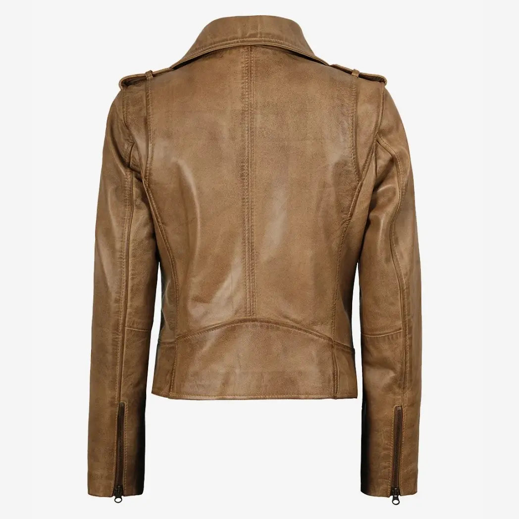 Women's Camel Brown Biker Style Lambskin Leather Jacket