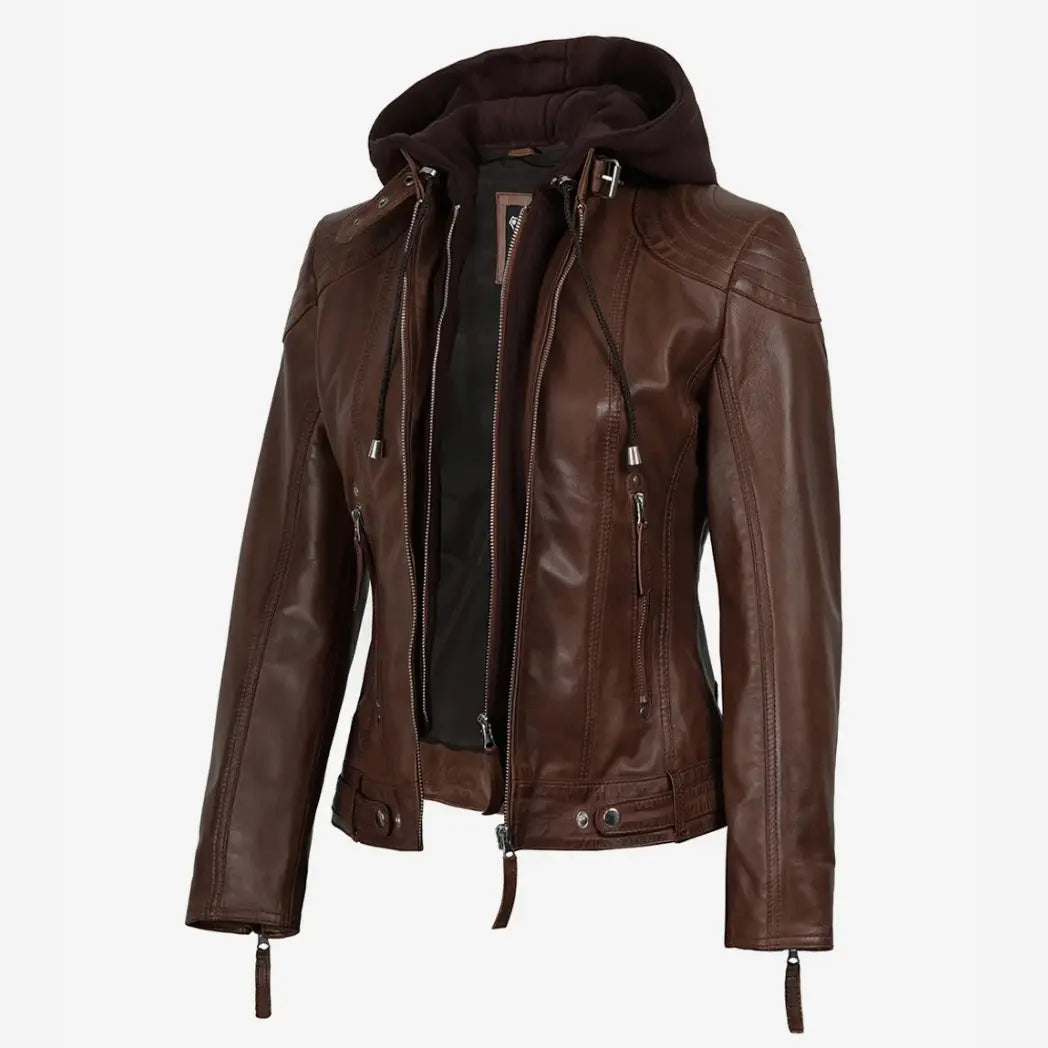 Women’s Cognac Brown Lambskin Hooded Leather Jacket
