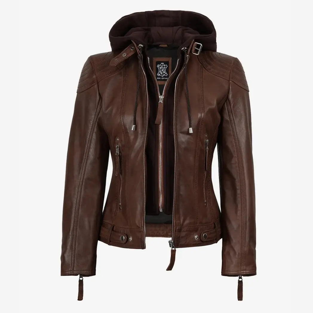 Women’s Cognac Brown Lambskin Hooded Leather Jacket