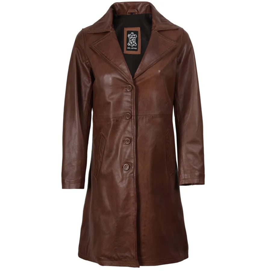 Women's Cognac Brown Real Leather 3/4 Length Coat