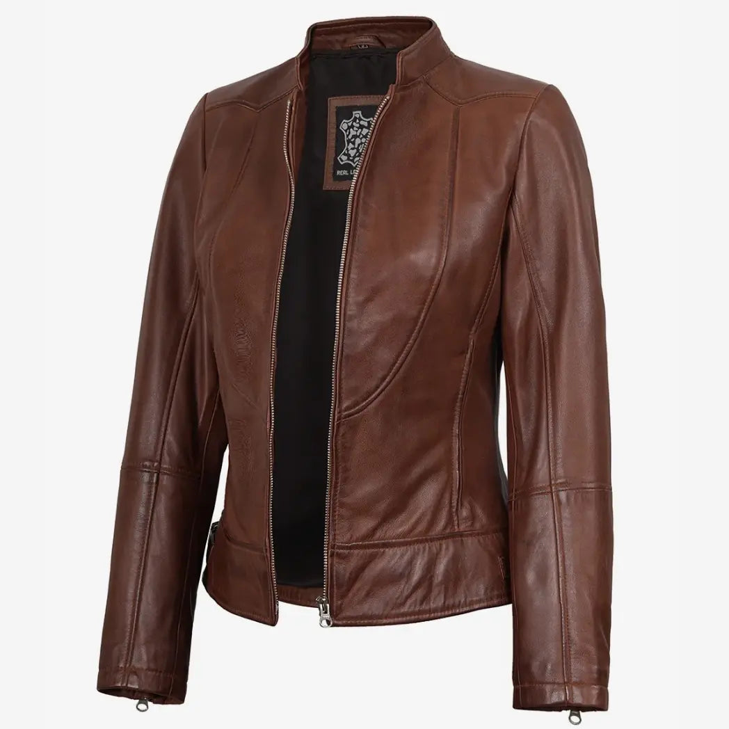 Women's Cognac Lambskin Leather Biker Style Jacket