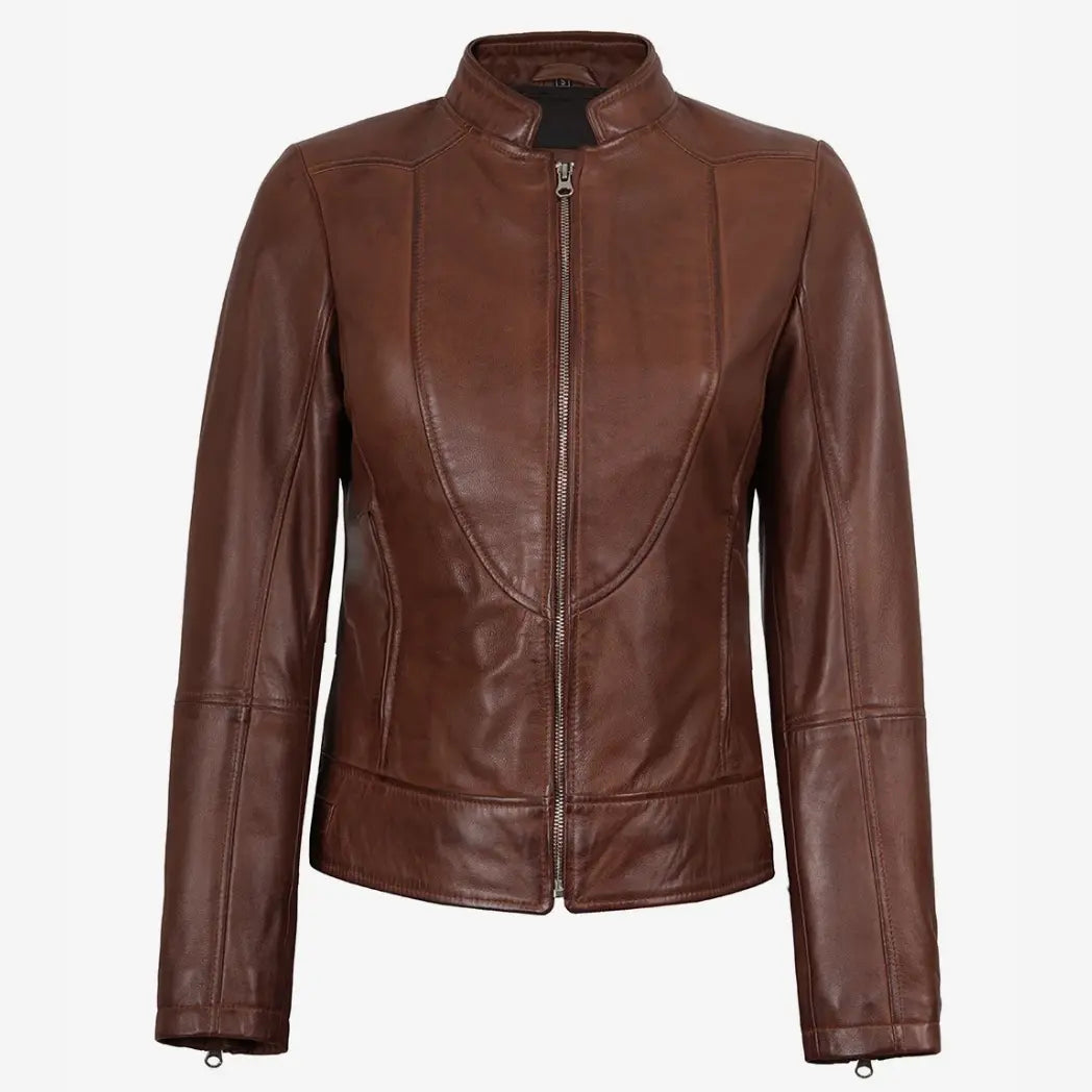 Women's Cognac Lambskin Leather Biker Style Jacket