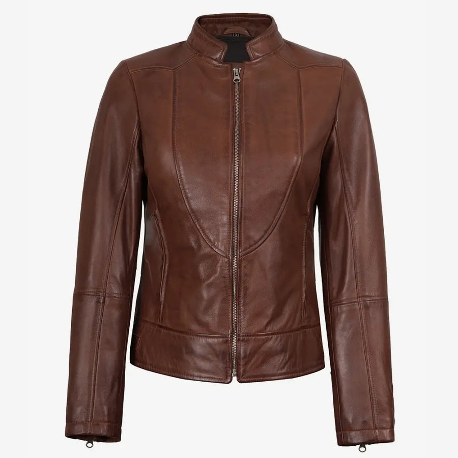 Women's Cognac Lambskin Leather Biker Style Jacket