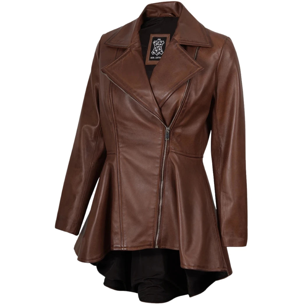 Women's Cognac Peplum Leather Jacket with Asymmetrical Zip Closure
