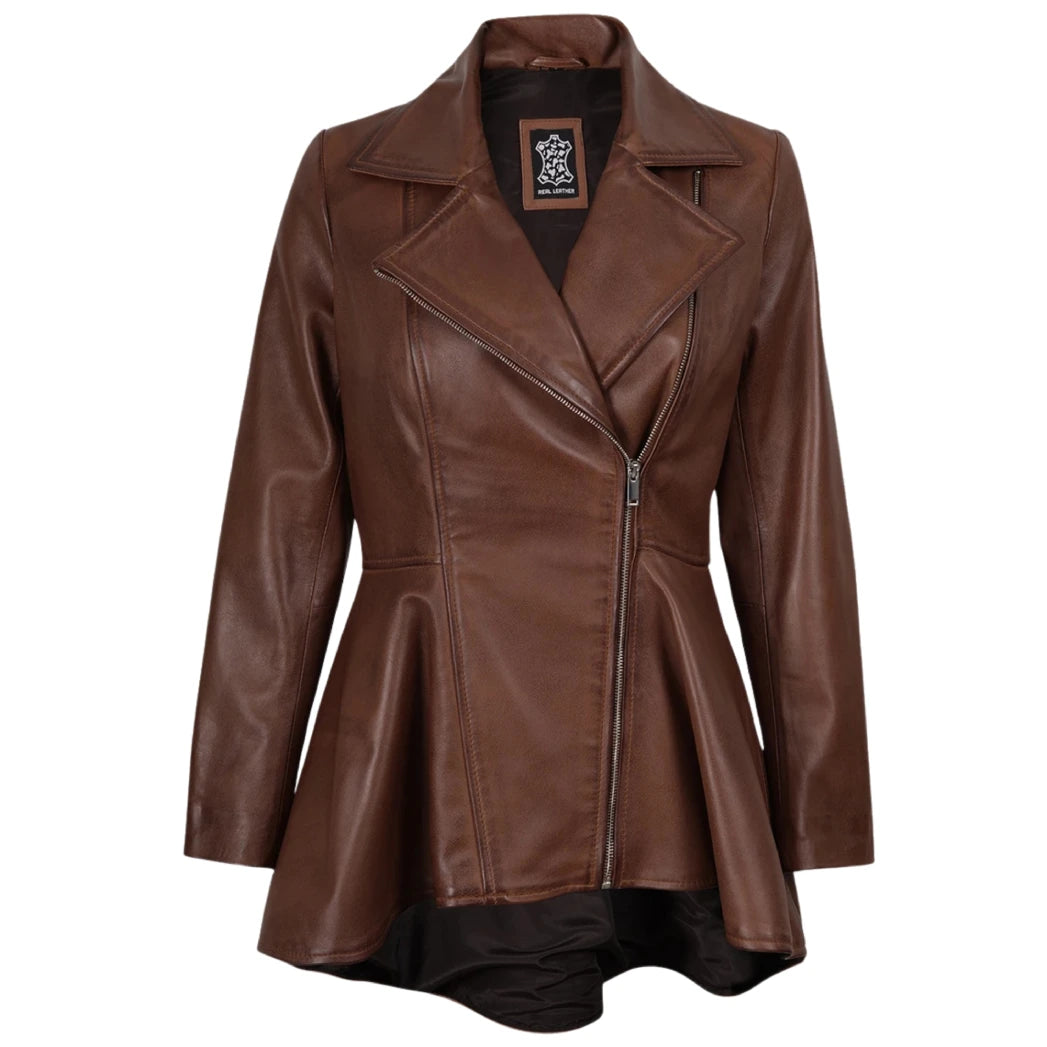 Women's Cognac Peplum Leather Jacket with Asymmetrical Zip Closure