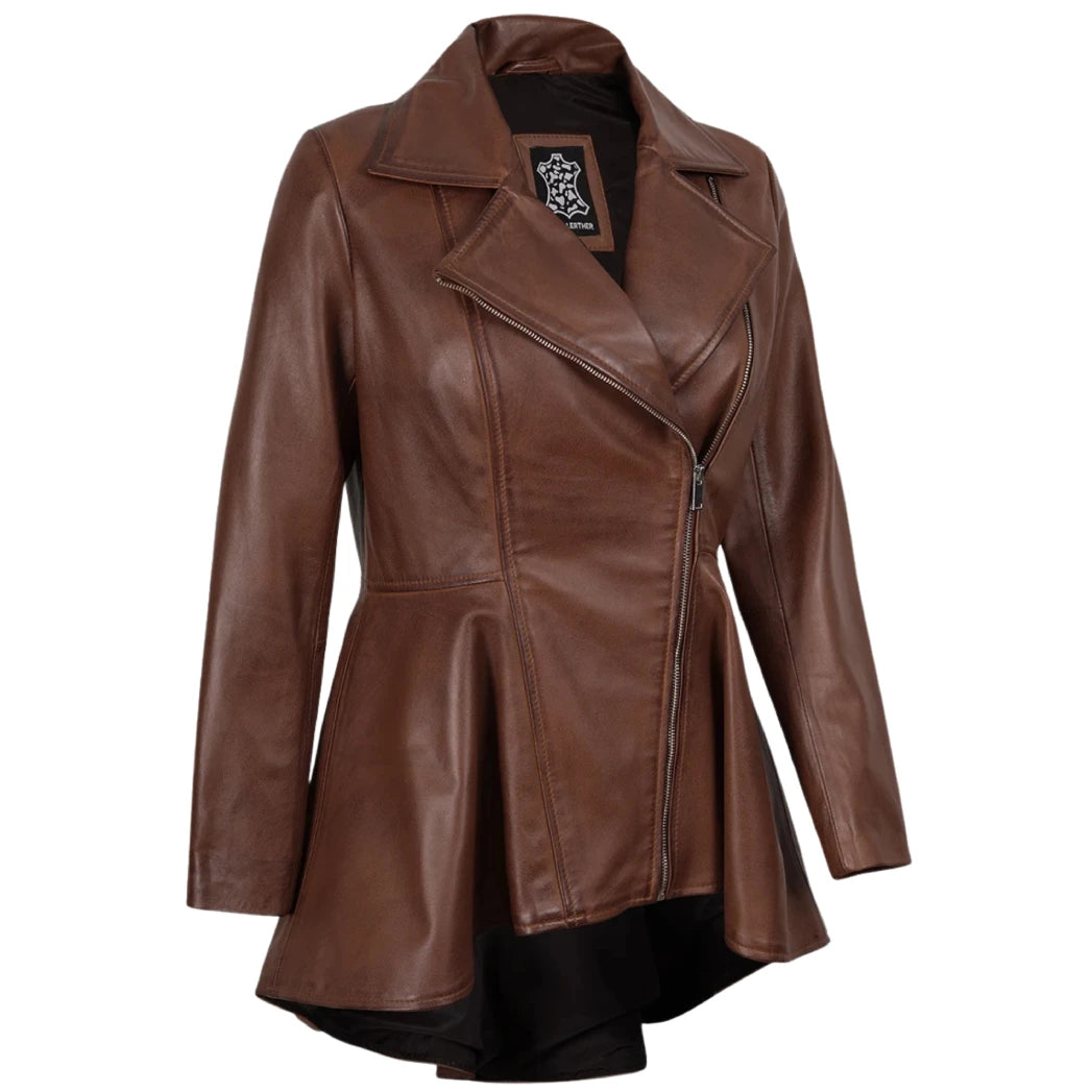 Women's Cognac Peplum Leather Jacket with Asymmetrical Zip Closure