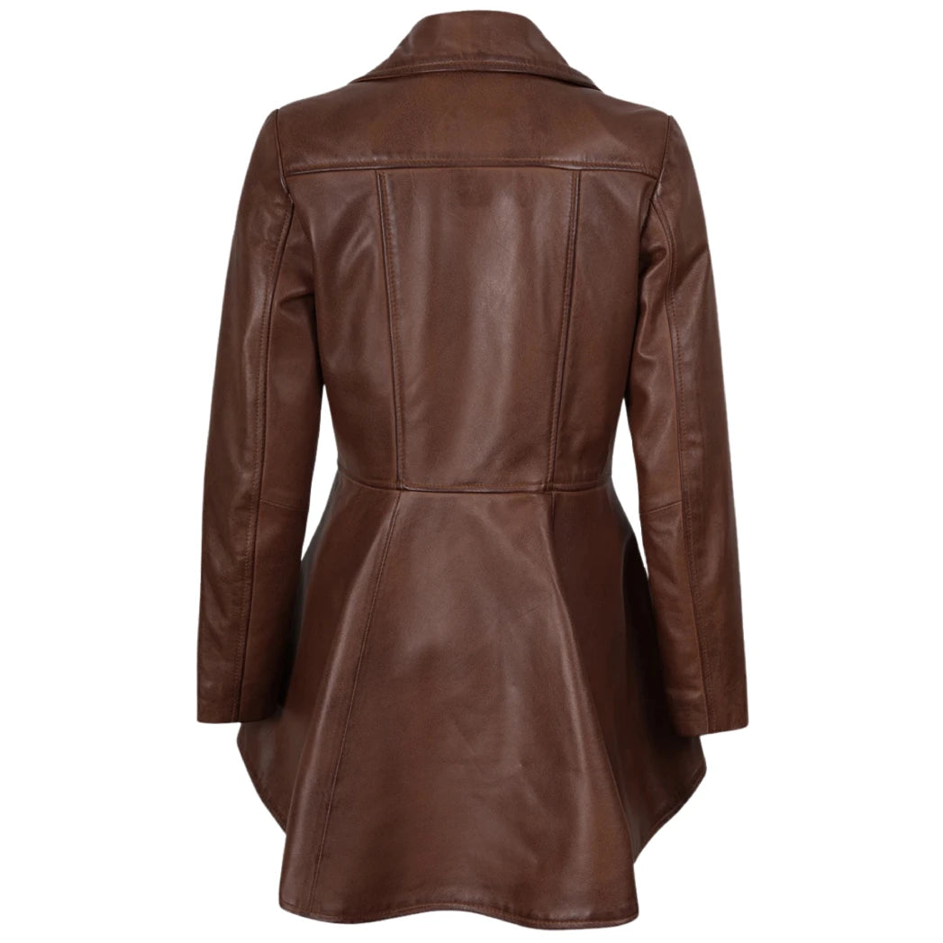Women's Cognac Peplum Leather Jacket with Asymmetrical Zip Closure