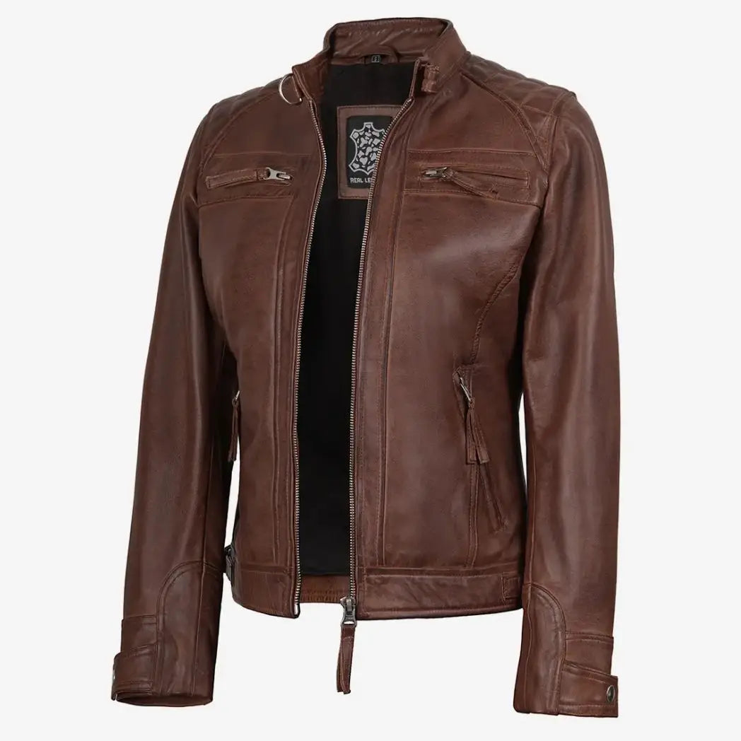 Women's Cognac Quilted Shoulder Leather Biker Style Jacket