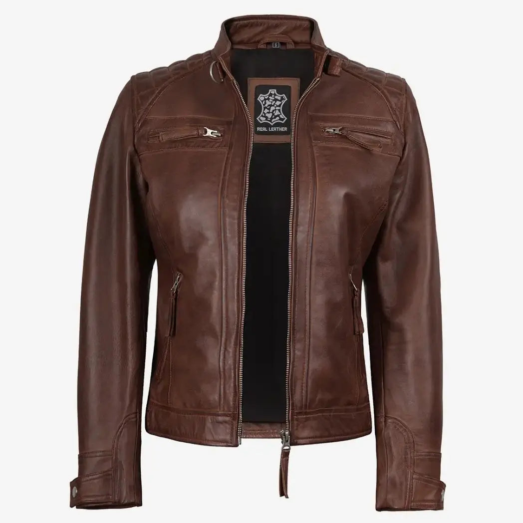 Women's Cognac Quilted Shoulder Leather Biker Style Jacket
