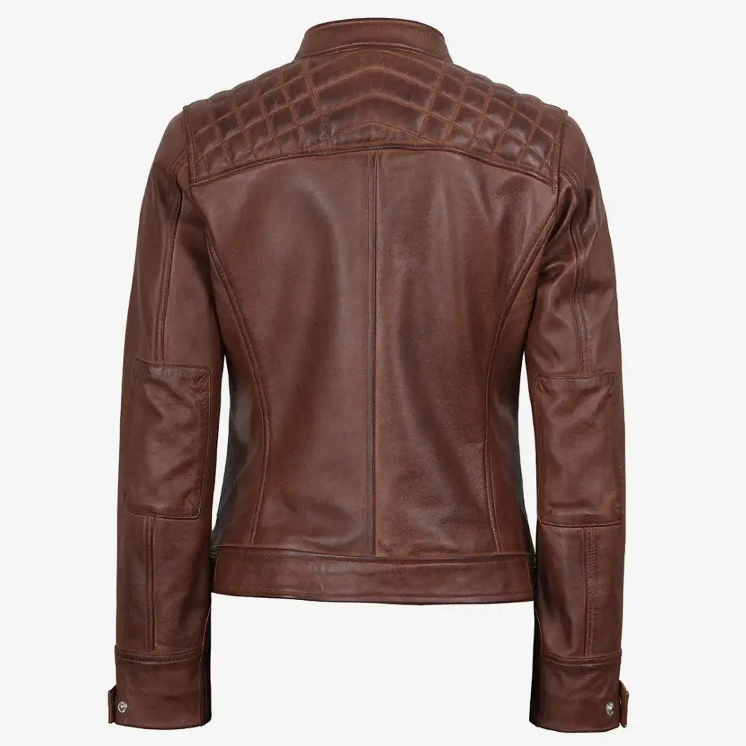 Women's Cognac Quilted Shoulder Leather Biker Style Jacket