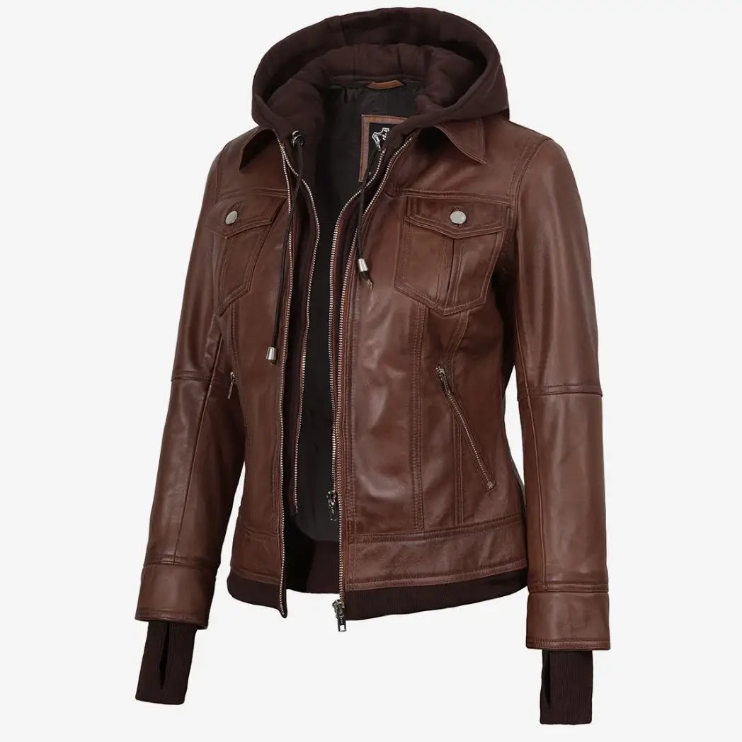 Women's Cognac Real Lambskin Leather Bomber Jacket With Removable Hood