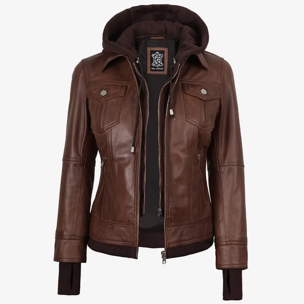 Women's Cognac Real Lambskin Leather Bomber Jacket With Removable Hood