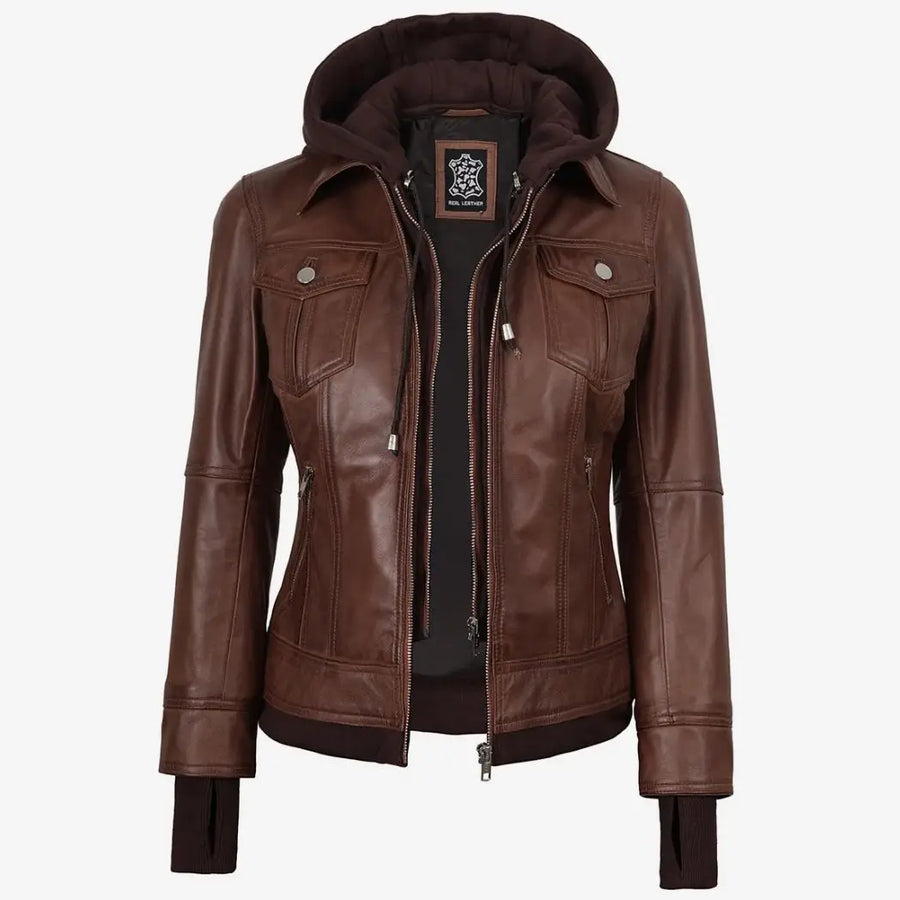 Women's Cognac Leather Bomber Jacket With Removable Hood