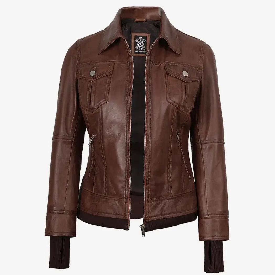 Women's Cognac Real Lambskin Leather Bomber Jacket With Removable Hood