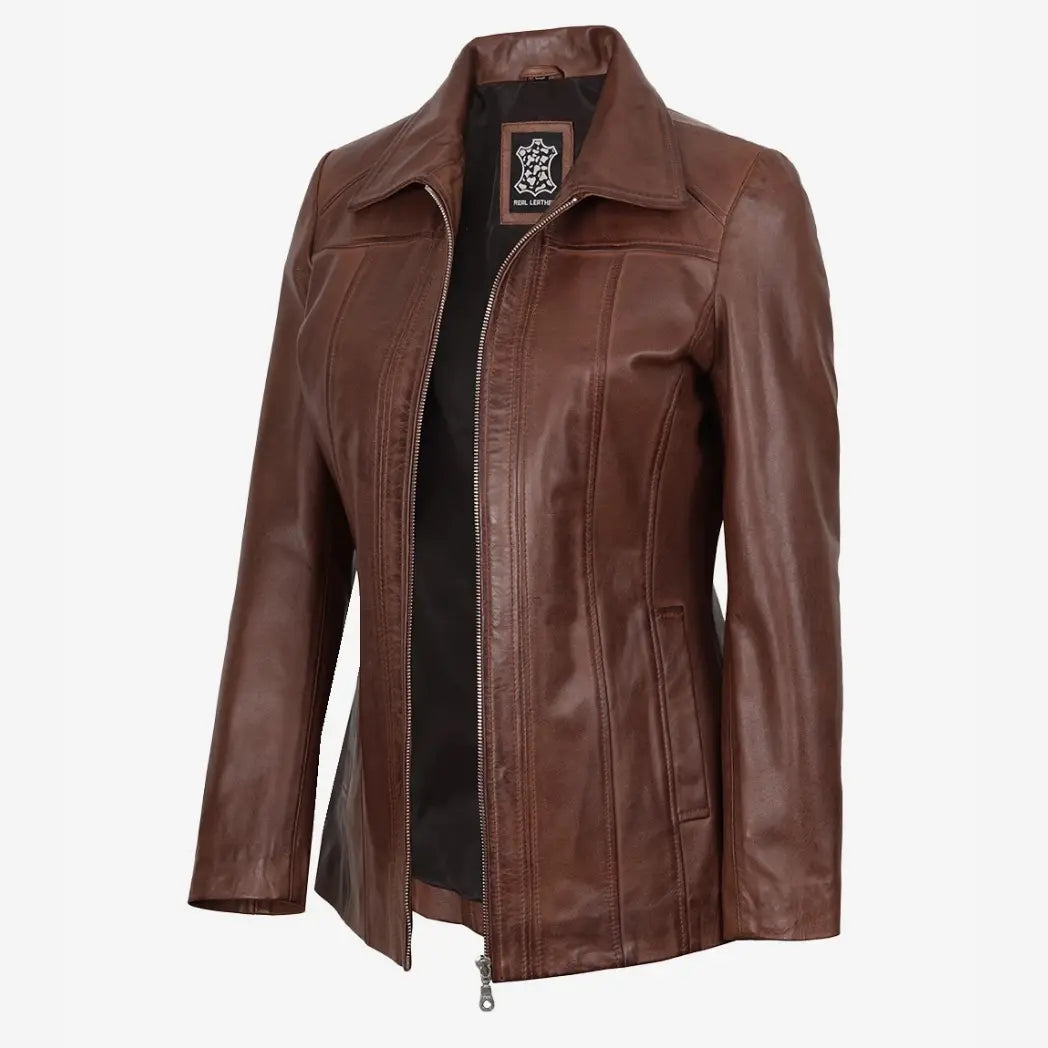 Women's Cognac Real Lambskin Leather Car Coat