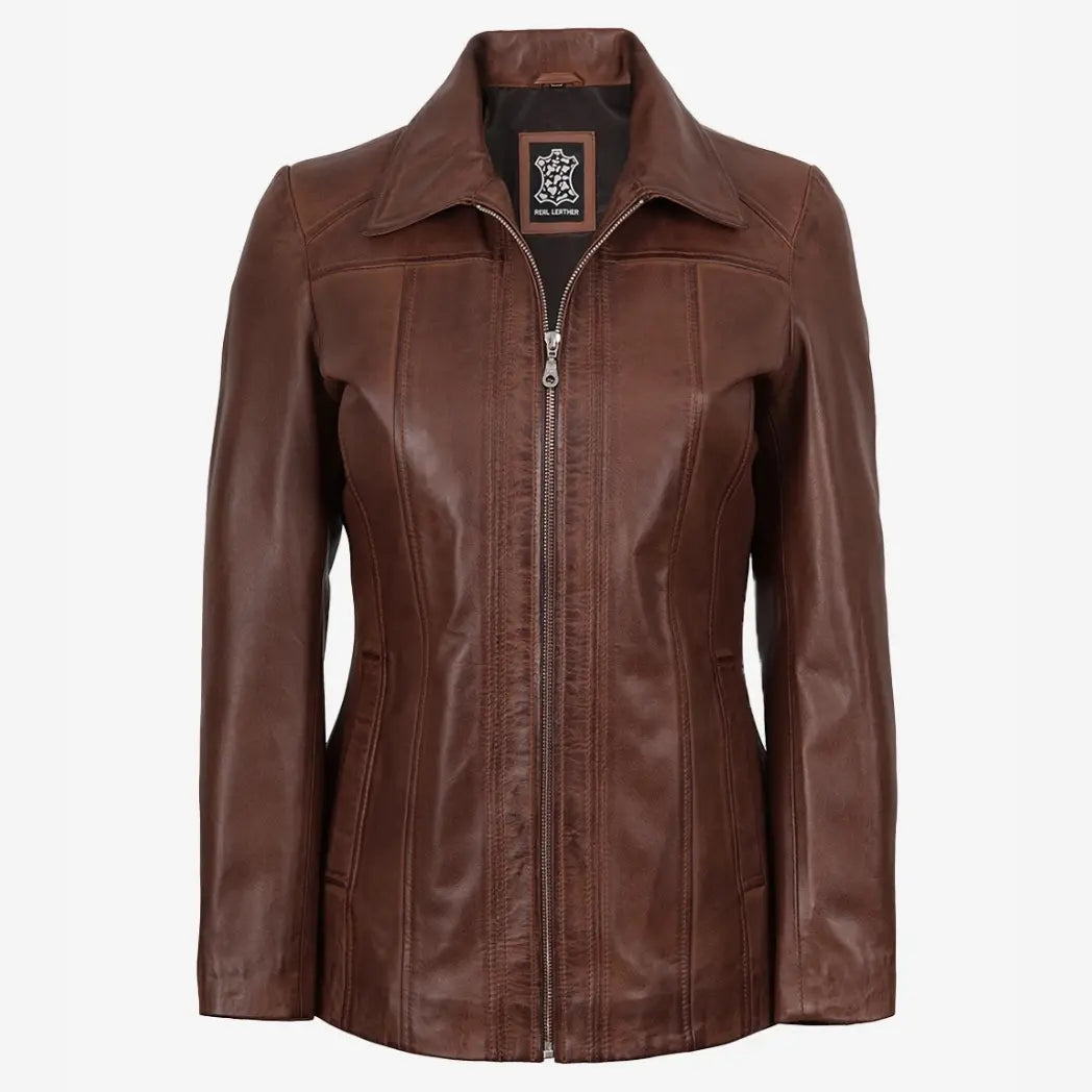 Women's Cognac Real Lambskin Leather Car Coat