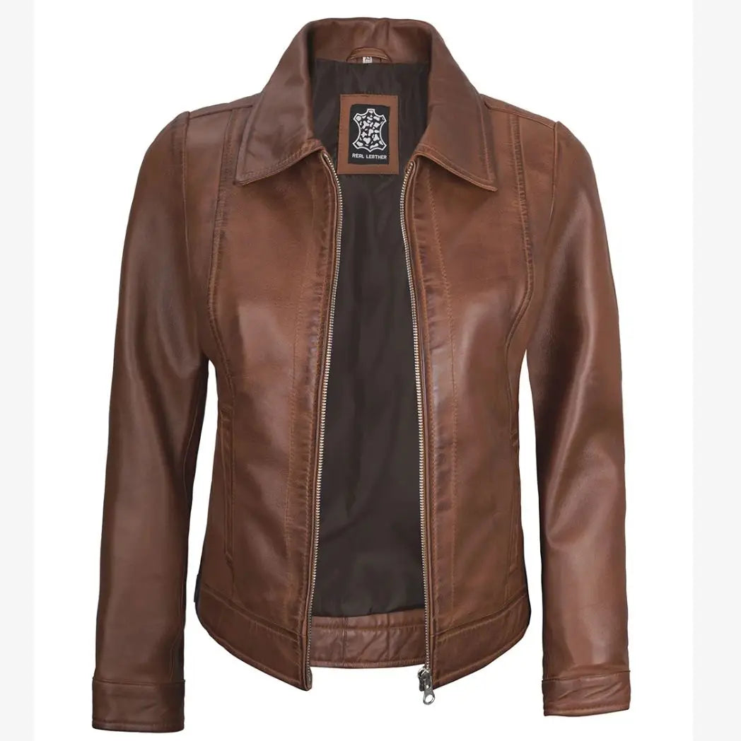 Women's Cognac Real Lambskin Leather Jacket