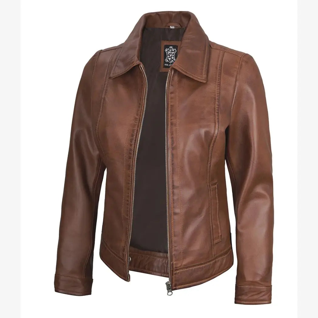 Women's Cognac Real Lambskin Leather Jacket