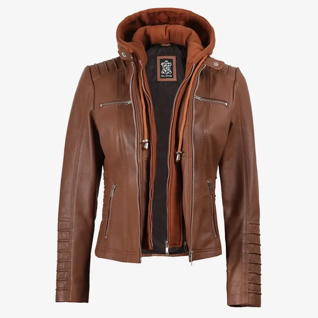 Women's Cognac Real Lambskin Leather Jacket with Removable Hood