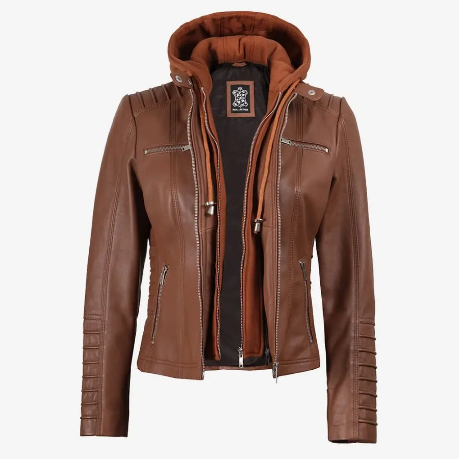 Women's Cognac Real Lambskin Leather Jacket with Removable Hood
