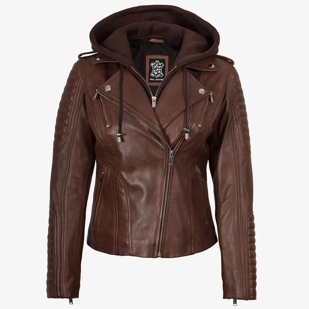 Women's Cognac Real Leather Jacket with Removable Hood