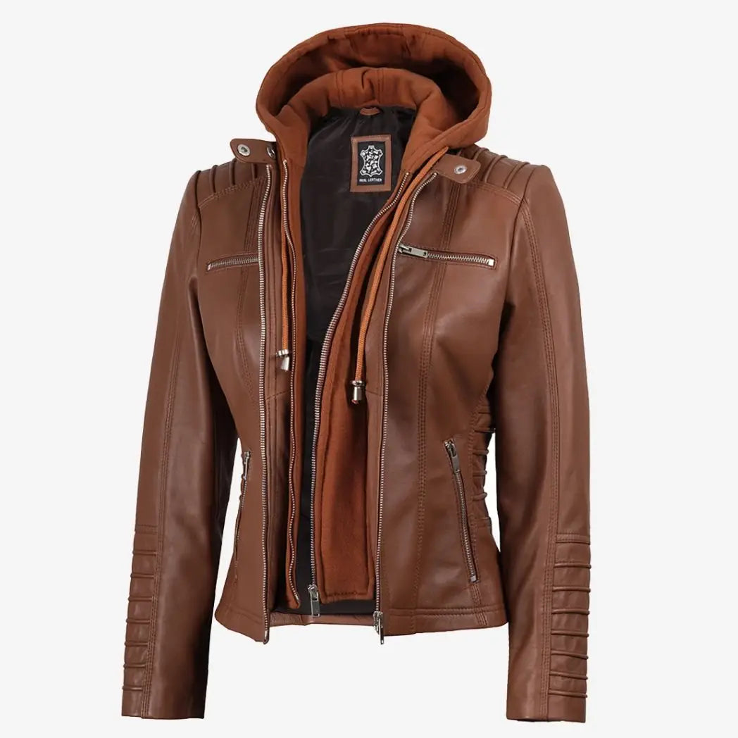 Women's Cognac Real Lambskin Leather Jacket with Removable Hood