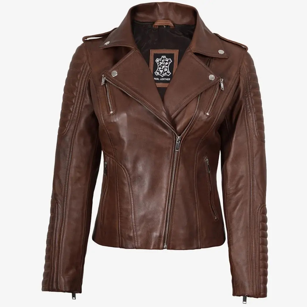 Women's Cognac Real Leather Jacket with Removable Hood