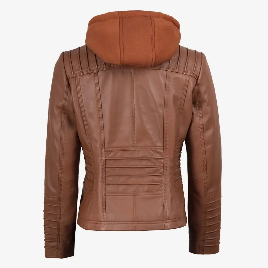 Women's Cognac Real Lambskin Leather Jacket with Removable Hood