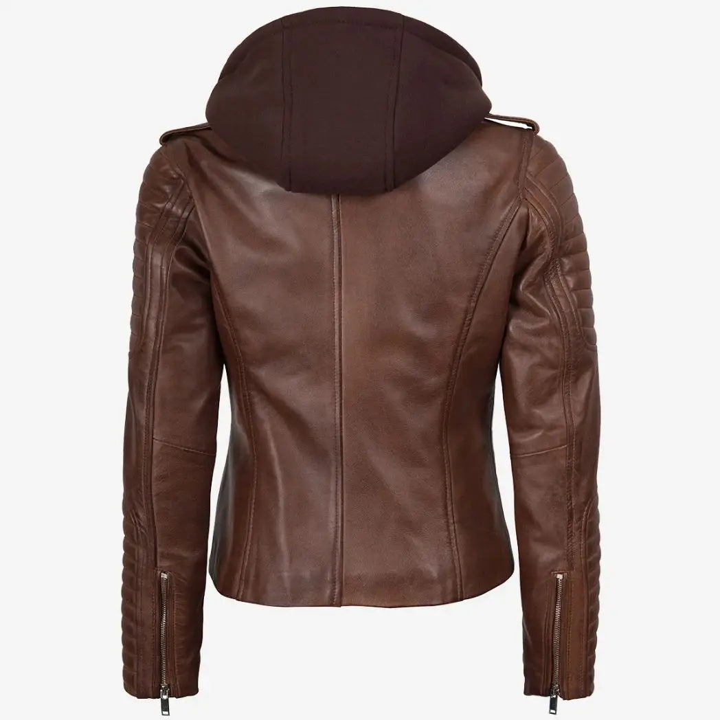 Women's Cognac Real Leather Jacket with Removable Hood