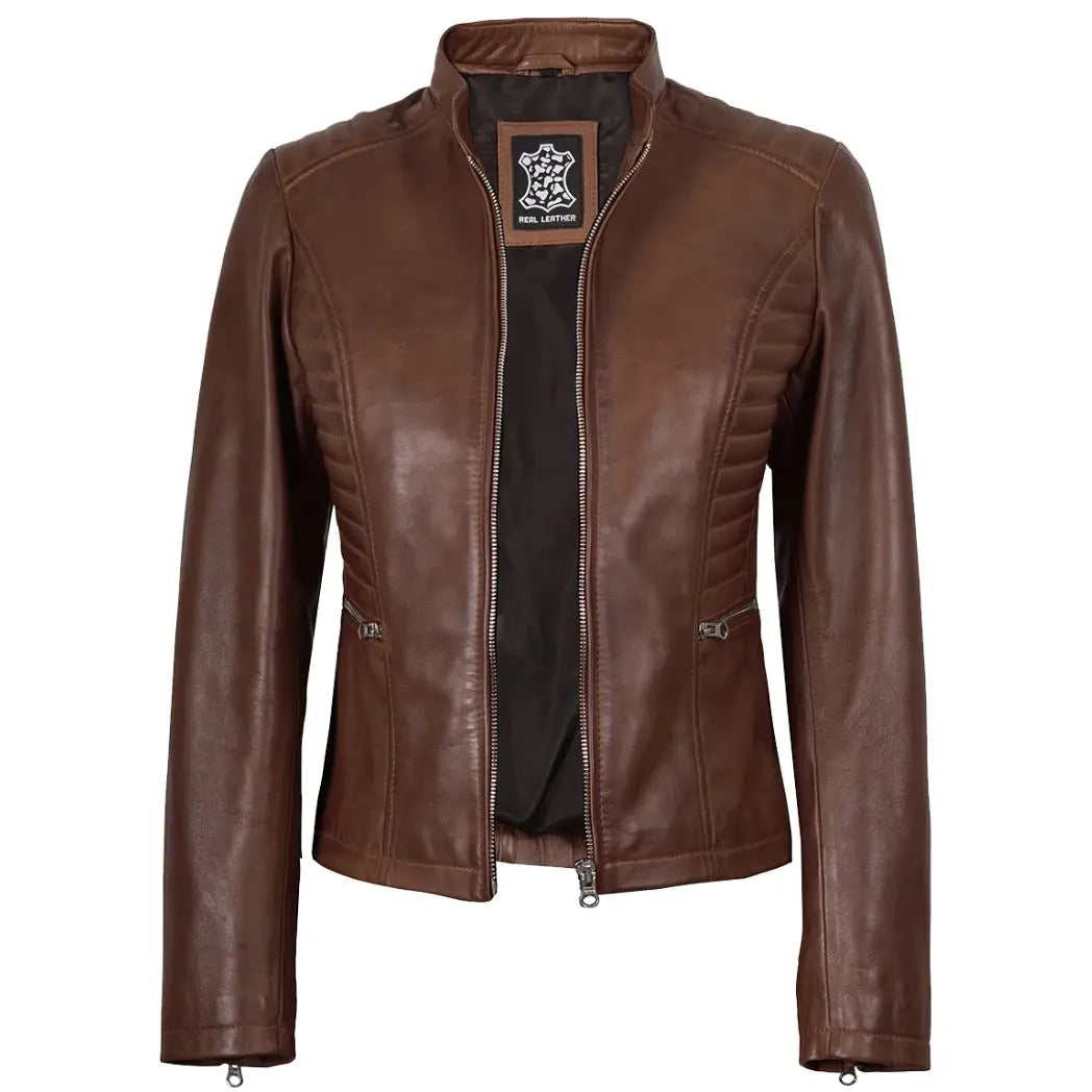 Women's Cognac Waxed Biker Style Real Leather Jacket
