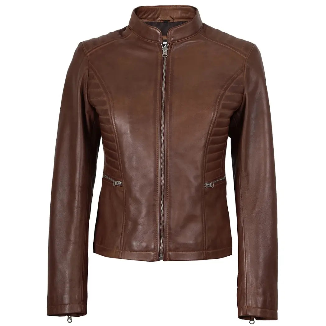 Women's Cognac Waxed Biker Style Real Leather Jacket