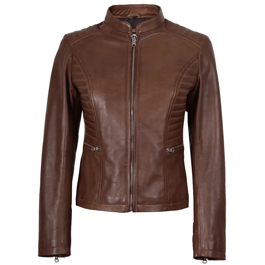 Women's Cognac Waxed Biker Style Real Leather Jacket