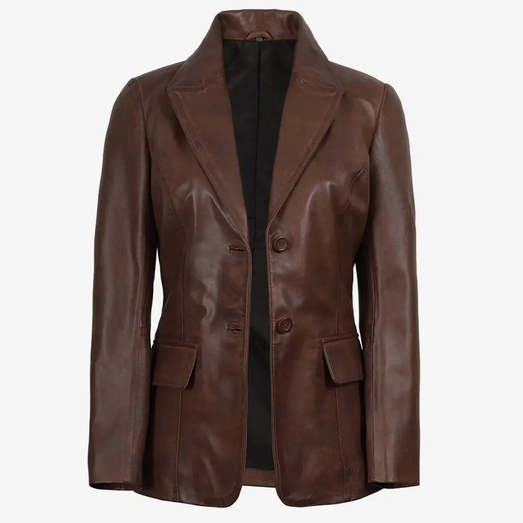 Women's Cognac Waxed Real Lambskin Leather Blazer