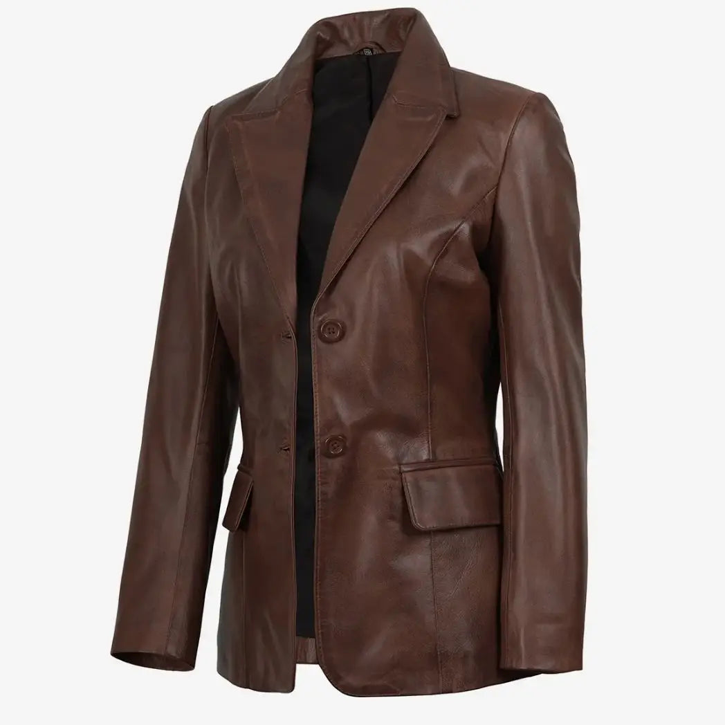 Women's Cognac Waxed Real Lambskin Leather Blazer