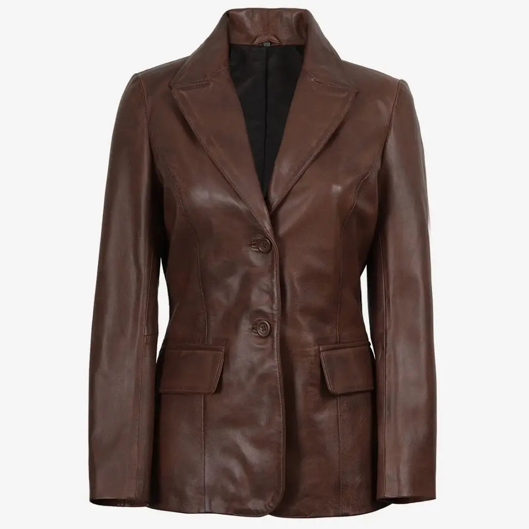 Women's Cognac Waxed Real Lambskin Leather Blazer