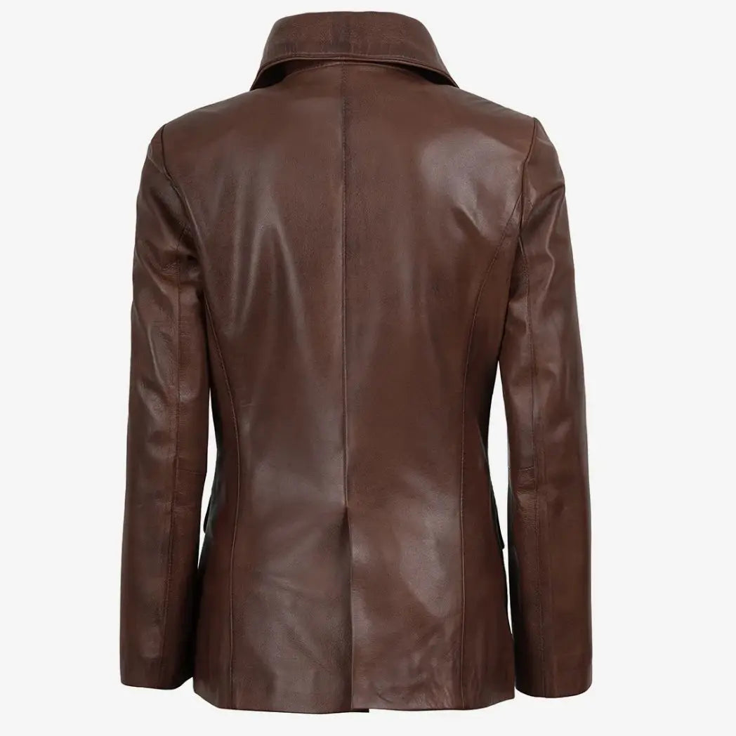 Women's Cognac Waxed Real Lambskin Leather Blazer