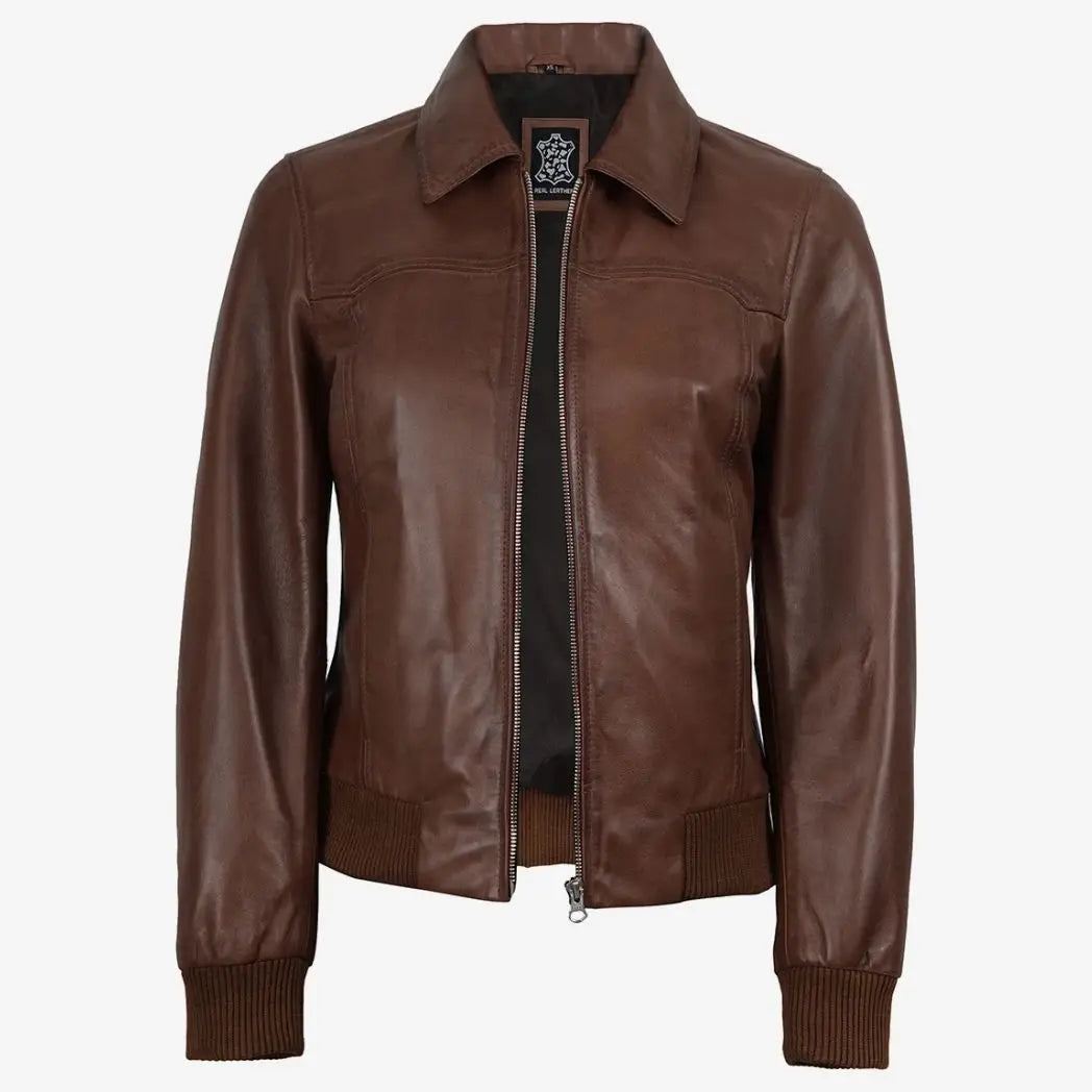 Women's Cognac Waxed Leather Bomber Jacket with Shirt Collar