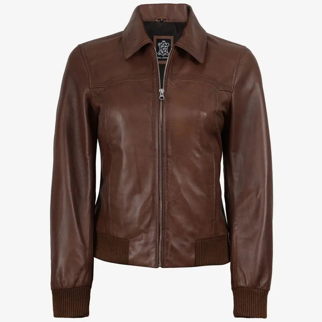 Women's Cognac Waxed Leather Bomber Jacket with Shirt Collar
