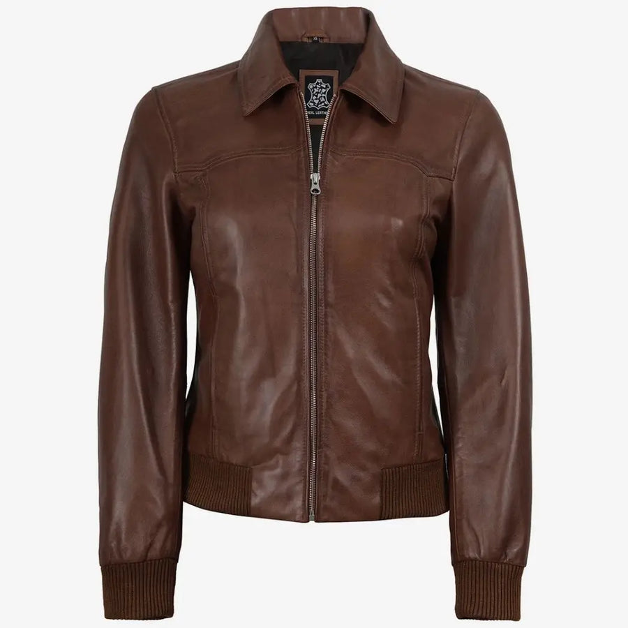 Women's Cognac Waxed Leather Bomber Jacket with Shirt Collar