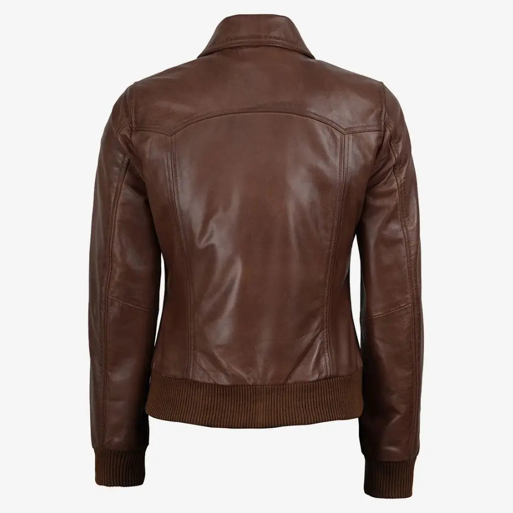 Women's Cognac Waxed Leather Bomber Jacket with Shirt Collar