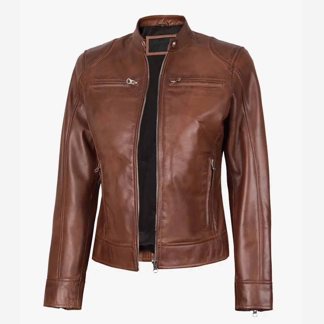 Women's Cognac Waxed Real Leather Biker Style Jacket