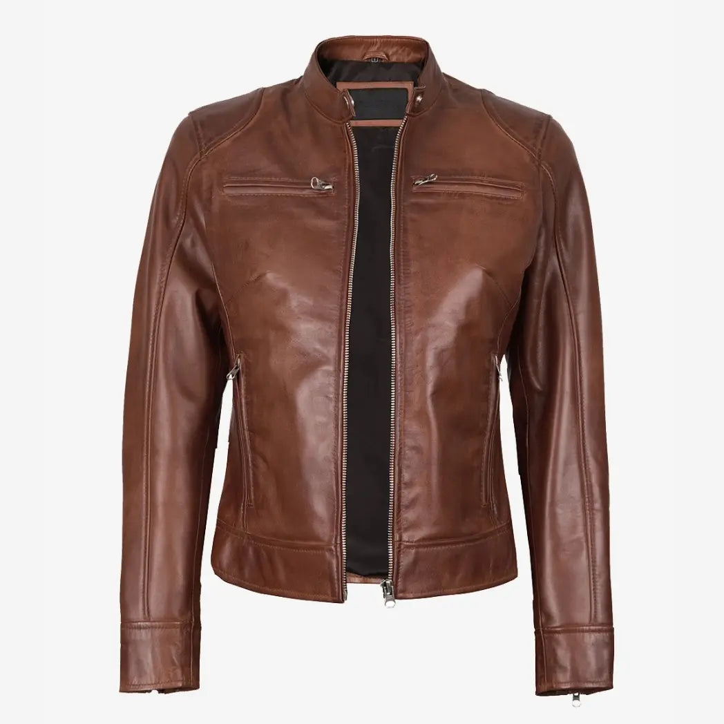 Women's Cognac Waxed Real Leather Biker Style Jacket