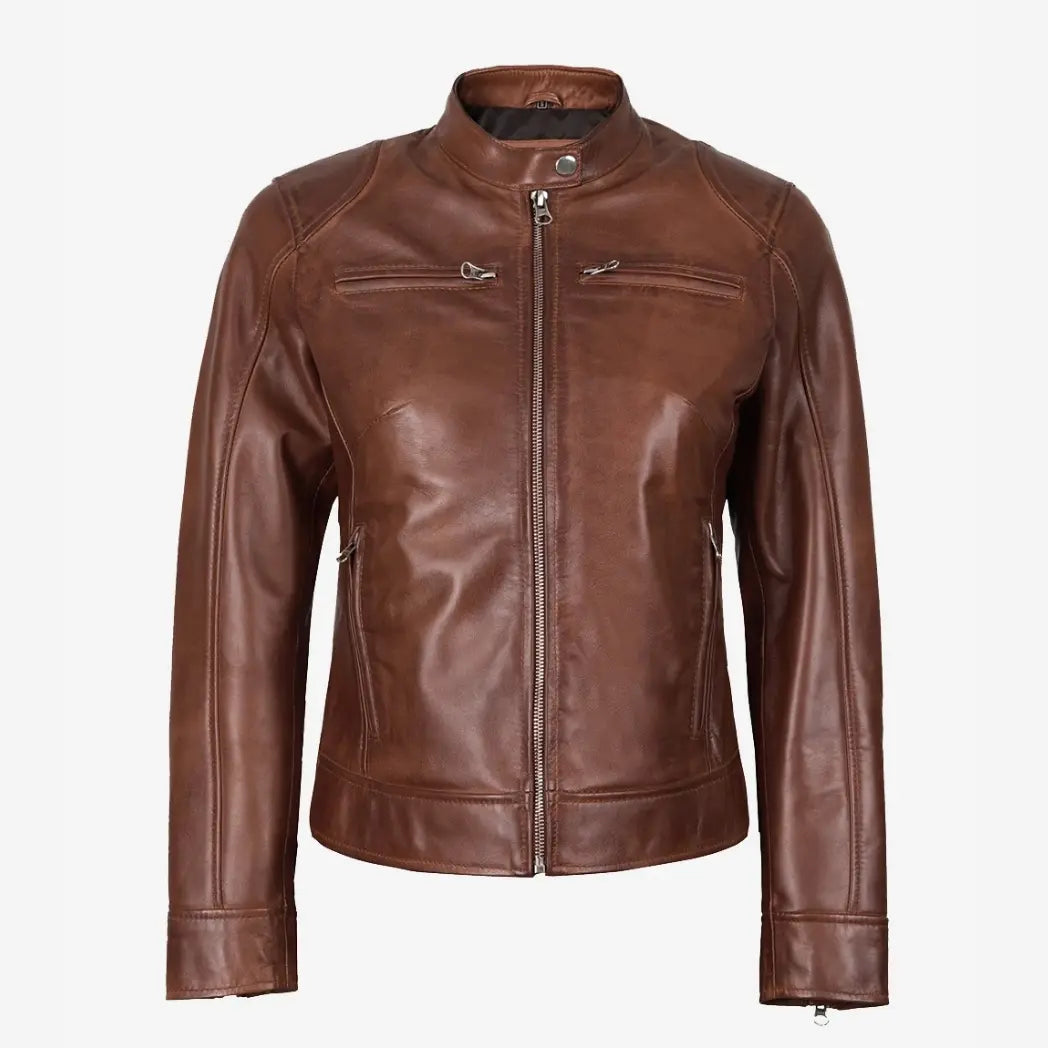 Women's Cognac Waxed Real Leather Biker Style Jacket