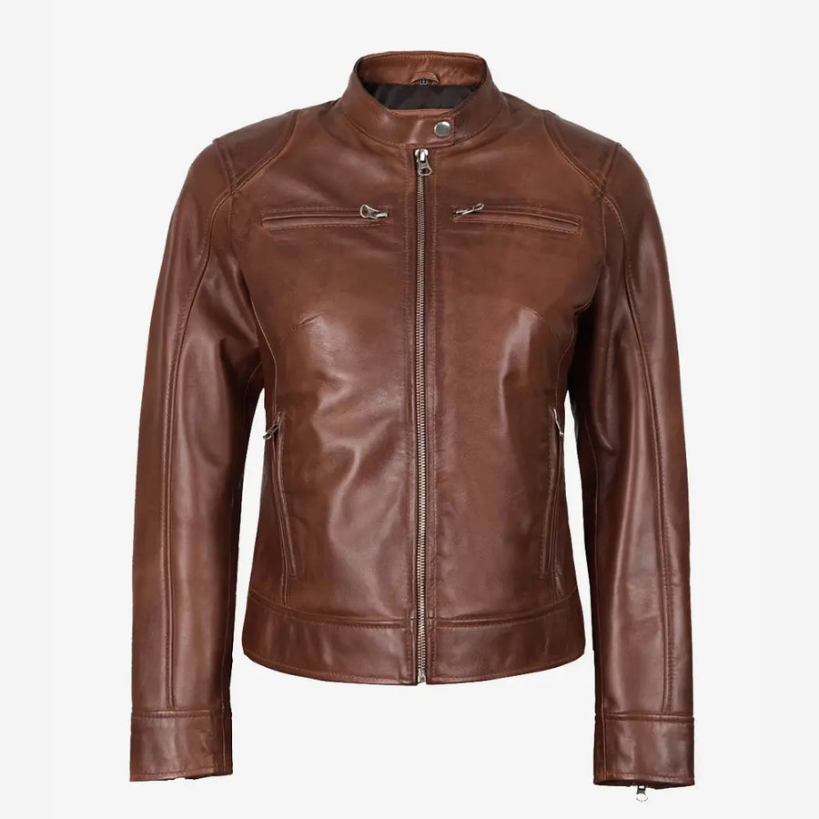 Women's Cognac Waxed Real Leather Biker Style Jacket